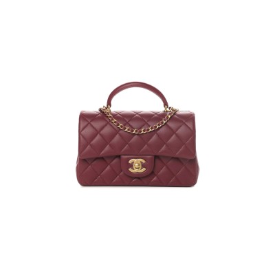 CHANEL LAMBSKIN QUILTED MINI TOP HANDLE RECTANGULAR FLAP BURGUNDY (20*12*6cm)